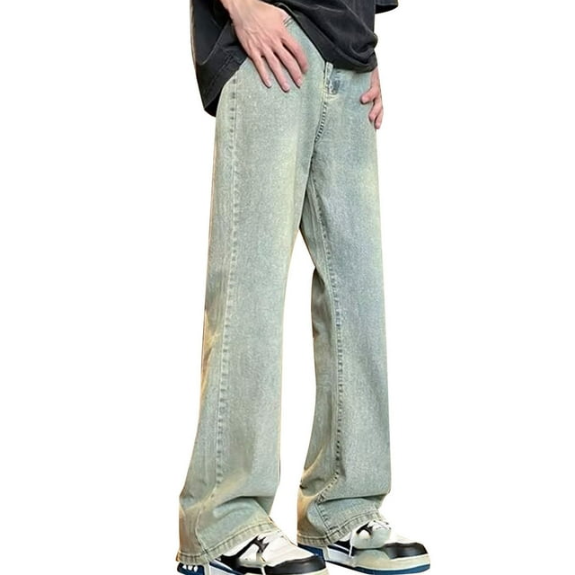 Lovzfmll Jeans Coupe Bottillon Délavés Vintage pour Homme, Braguette Zippée, Denim Extensible, Coupe Décontractée pour un Style d'Inspiration Rétro Jaune, G