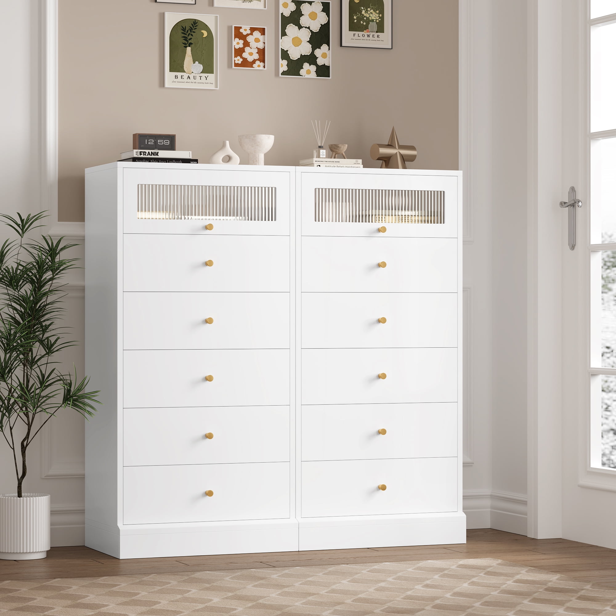 Homfa 6 Drawer White Gold Dresser, 51.4" Tall Chest of Drawers with Glass  Doors, Wood Storage Cabinet for Bedroom Living Room - Walmart.com