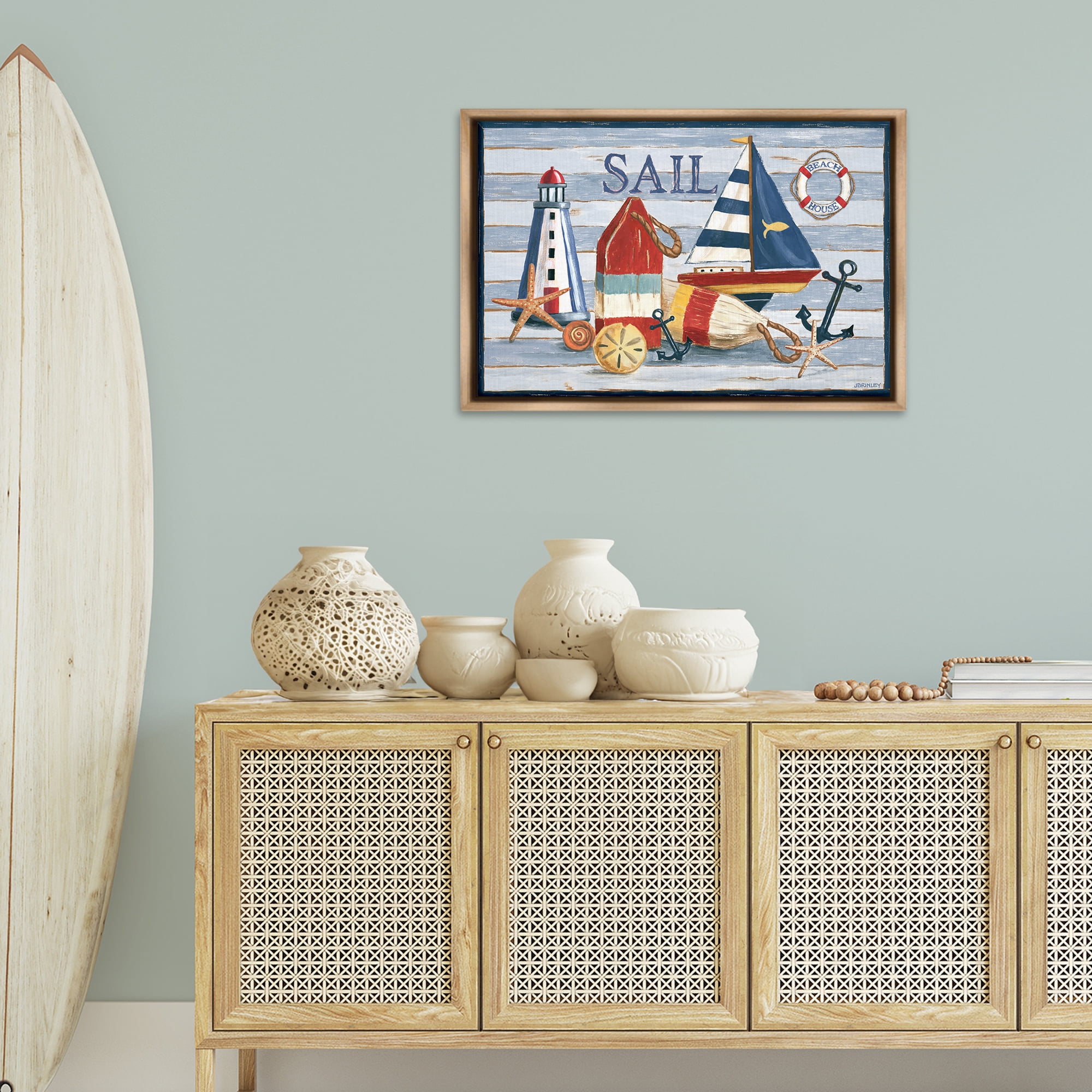 Stupell Industries Striped Nautical Still Life Nautical & Beach Painting Brown Floater Framed Canvas Art Print Wall Art, 31 x 21