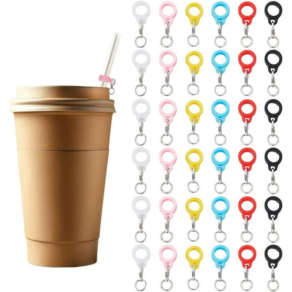 36pcs 6 Colors Silicone Straw Pendant with Alloy Lobster Clasps Reusable Straw Toppers Charm Adapters Keychain Charms Cup Handle Chains Clips Silicone Straw Pendants for Tumbler Cup