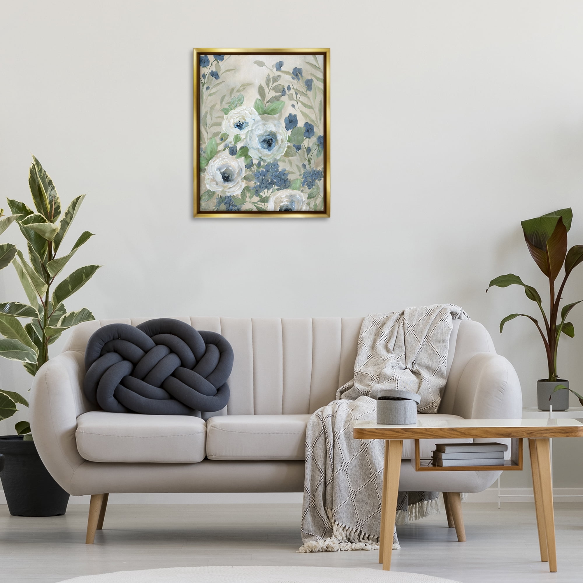 Stupell Industries Muted Blue & White Blossoms Floral Painting Gold Floater Framed Canvas Art Print Wall Art, 25 x 31