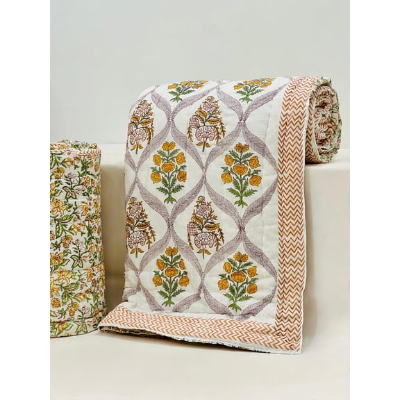 Handmade Cotton Quilt | Soft Quilted Blanket | Block Print Bed Cover | Cottagecore Bedding | Sustainable Home Décor(HBQURQ1011)