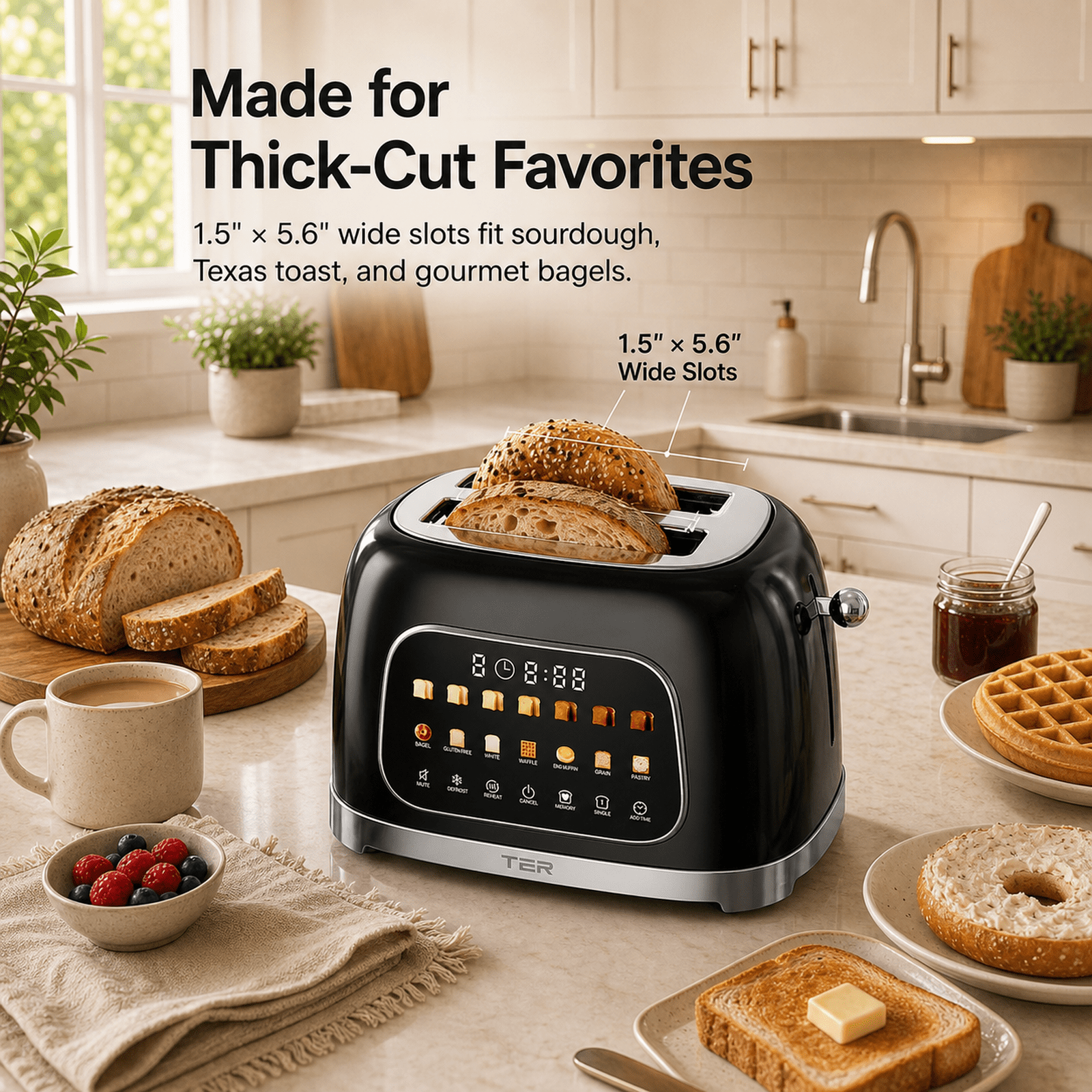 TER Smart 2-Slice Toaster with Touchscreen & Countdown Timer, 7 Bread Modes & 7 Browning Levels, Extra-Wide Slots for Bagels, Mute Mode, Modern Design