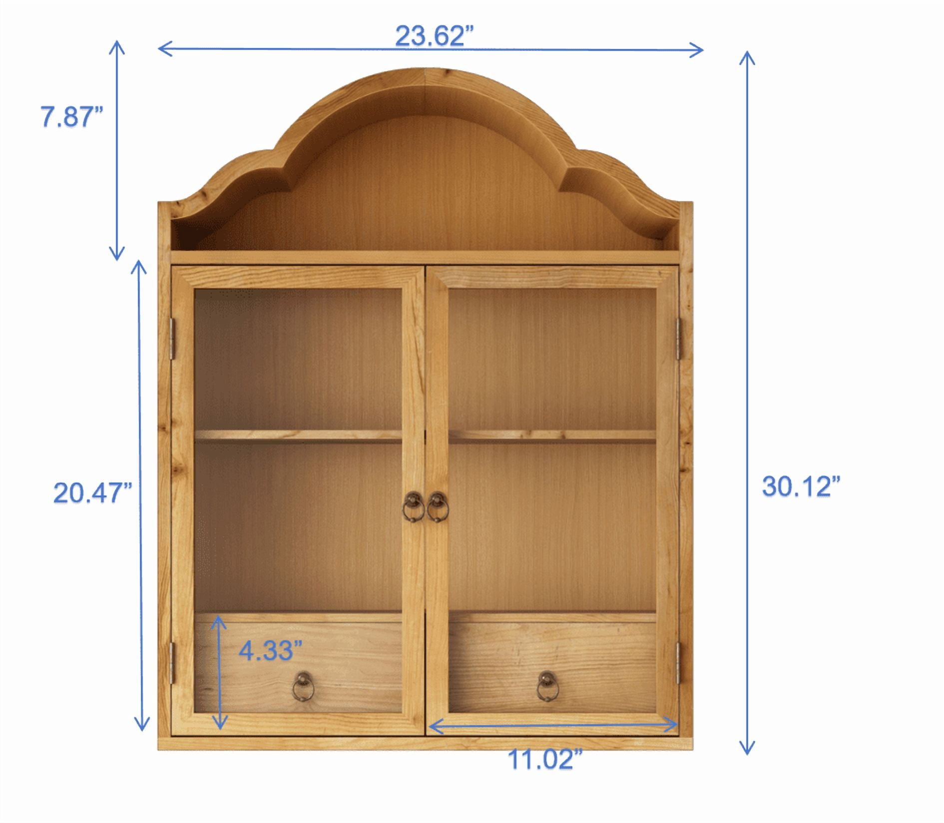 Wall Cabinet with Elegant Wave Top and Solid Wood Frame, Rustic Vintage Wall Cabinet and Storage Shelf for Dining Room Kitchen Bathroom, Natural