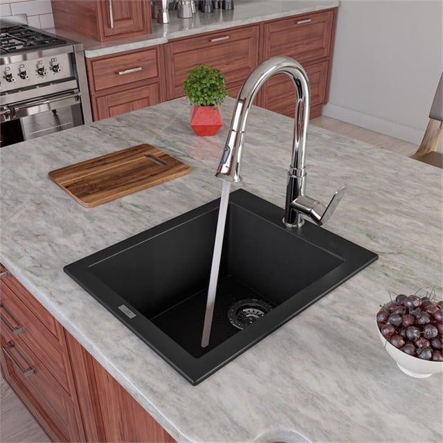 Pemberly Row Black 17" Drop-In Rectangular Granite Composite Kitchen Prep Sink