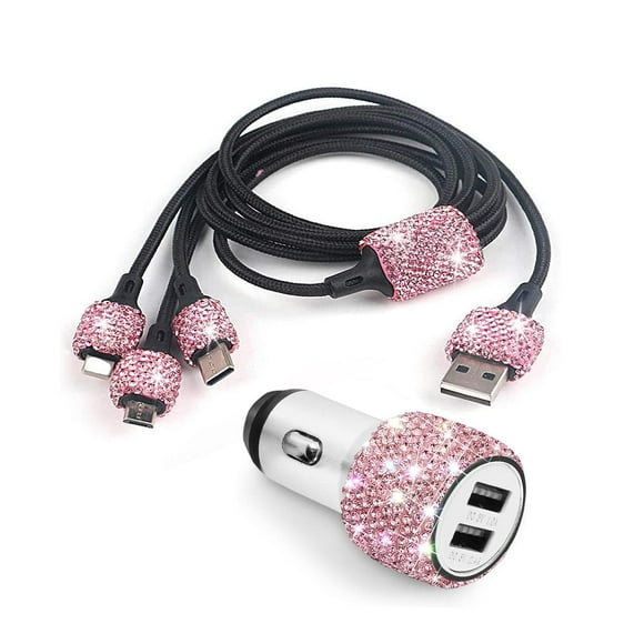 Bling Pink car Accessories for Women, with 3 in 1 Nylon Braided charging cable,5V24A,Hand crafted Rhinestone cute Dual USB for iPhone 14,iPad Pro,Samsung,Hot Pink Diamond Fast charger Decor