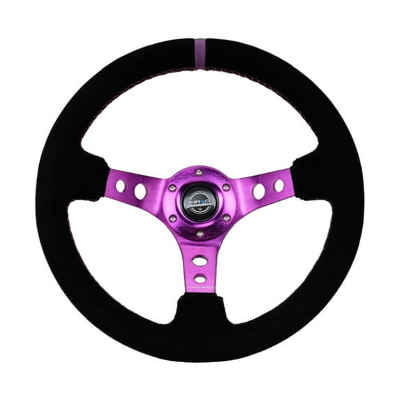 NRG Reinforced Steering Wheel (350mm / 3in. Deep) Black Suede w/Purple Center  Purple Stitching