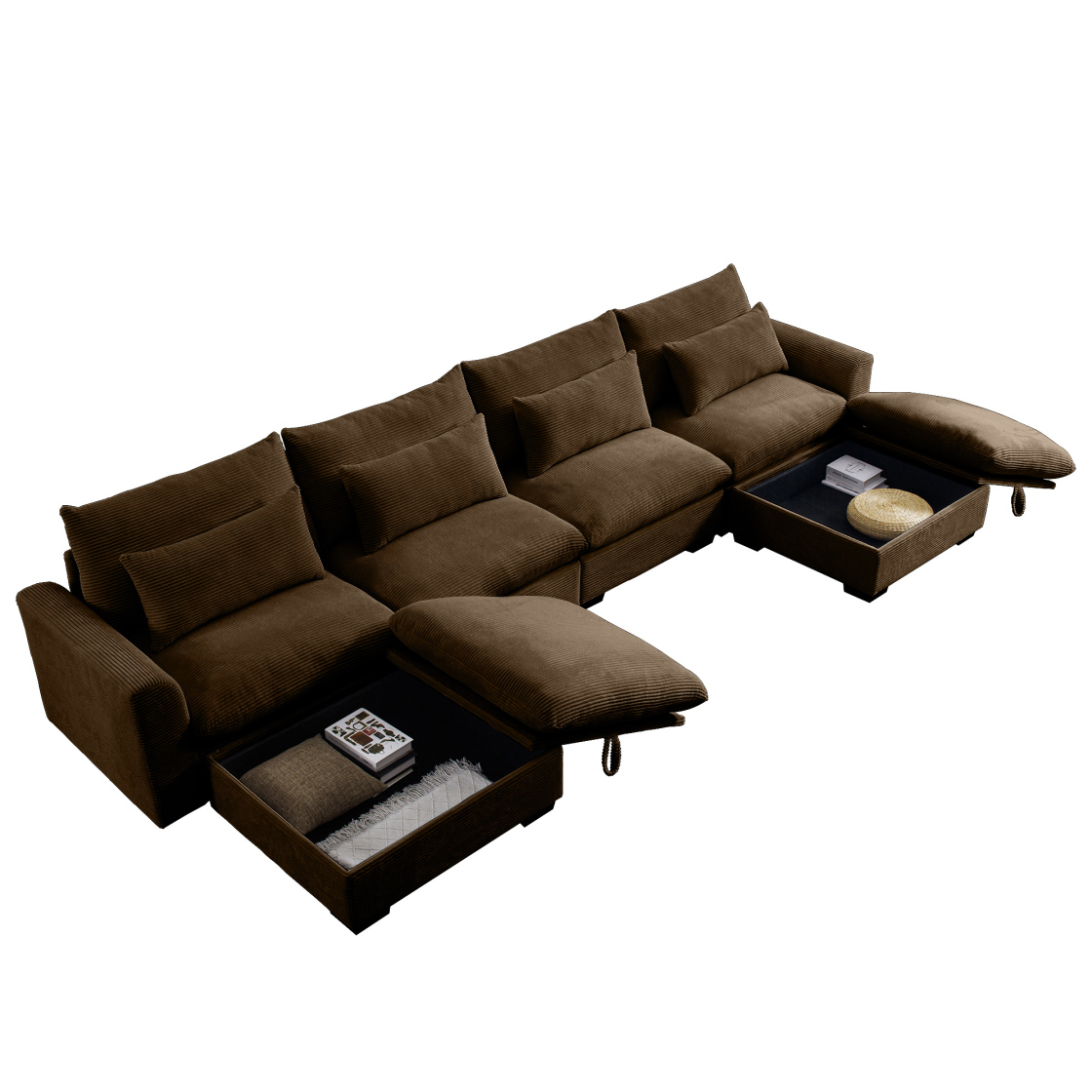 ゆゆ U-Shaped Corduroy Sectional Couches with 2 Storage Footstool