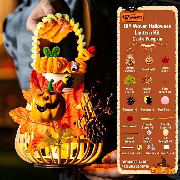 DIY LightβUp Halloween Basket Kit, Halloween DIY Rattan Lantern Craft Kit, MultiβStyle Craft Set for Halloween Home Party Decoration