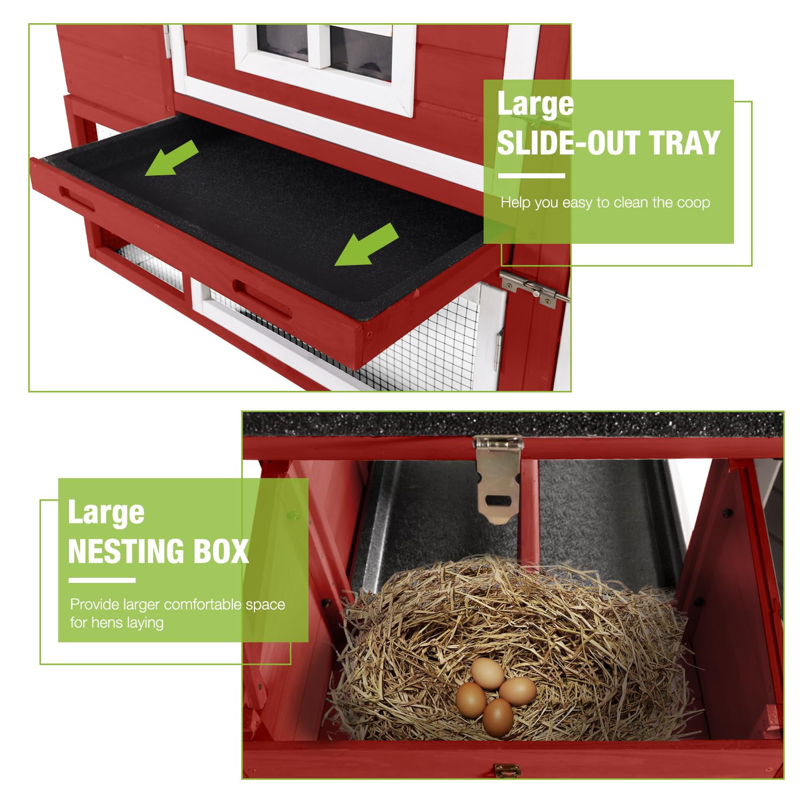 BUTINGLALE Outdoor Mobile Chicken Coop with Wheels Hen House with Nesting Box Wooden Bunny Cage Large Duck House with Run UV Roof Rabbit Hutch(Red)