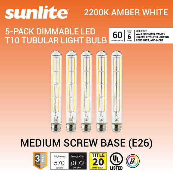 Sunlite 41911 LED Filament T10 Tubular Light Bulb, 6 Watts (60W Equivalent), 570 Lumens, Medium E26 Base, 120 Volts, Dimmable, 90 CRI, UL Listed, Title-20 Compliant, 2200K Amber, 5 Pack