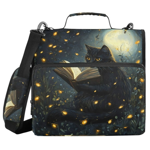 3 Ring Zipper Binder with Shoulder Strap Waterproof Trapper Keeper 1.5 Inch D-Ring 500 Sheets Capacity Cat Reads Book on Night