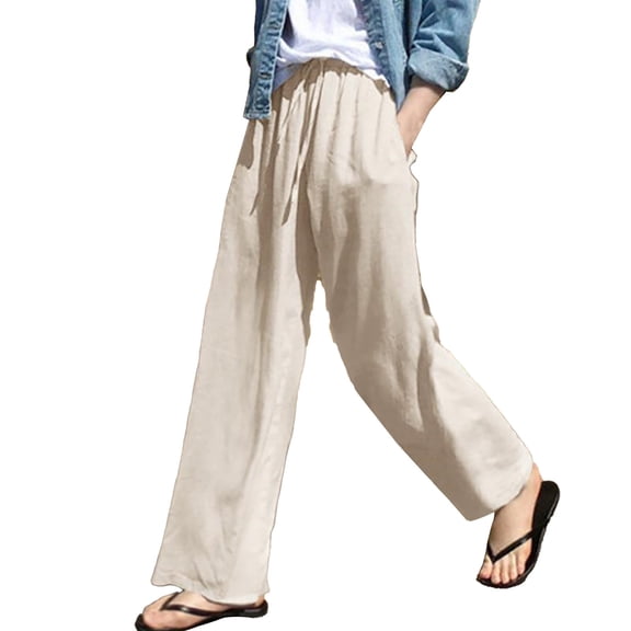 yunLCZ Wide Leg Pants Woman Wide Leg Linen Pants For Women High Waist Drawstring Summer Beach Casual Loose Cotton Pants Pockets