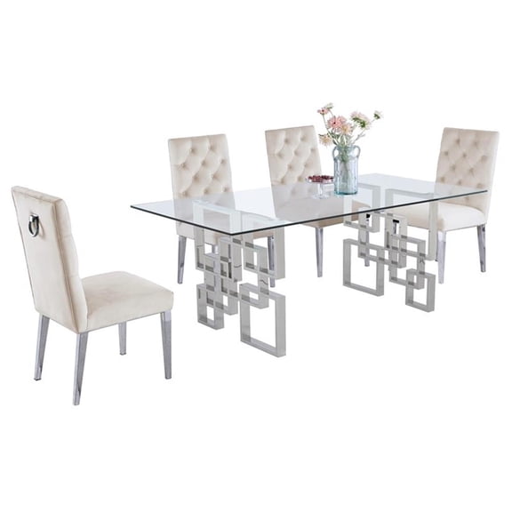 Rectangular Clear Glass 5pc Dining Set with Silver Stainless Steel Base