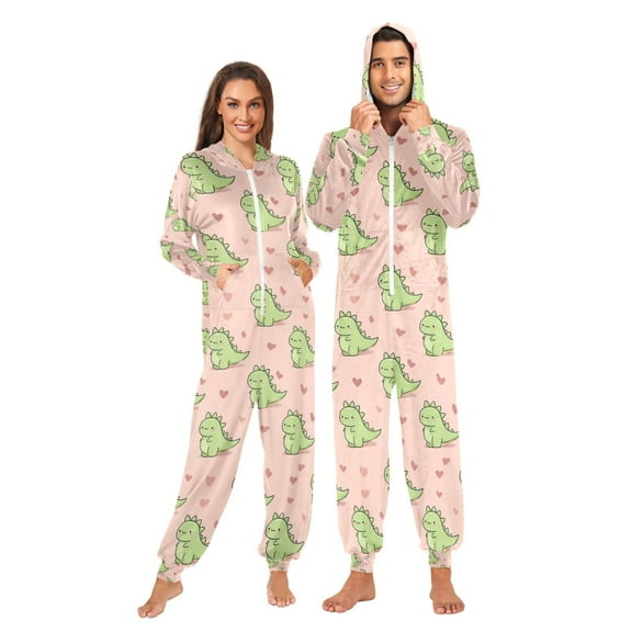 Adult Christmas Onesie Cute Dinosaur Heart Adult Zipper One-Piece Pajamas Unisex Pajamas with Pockets