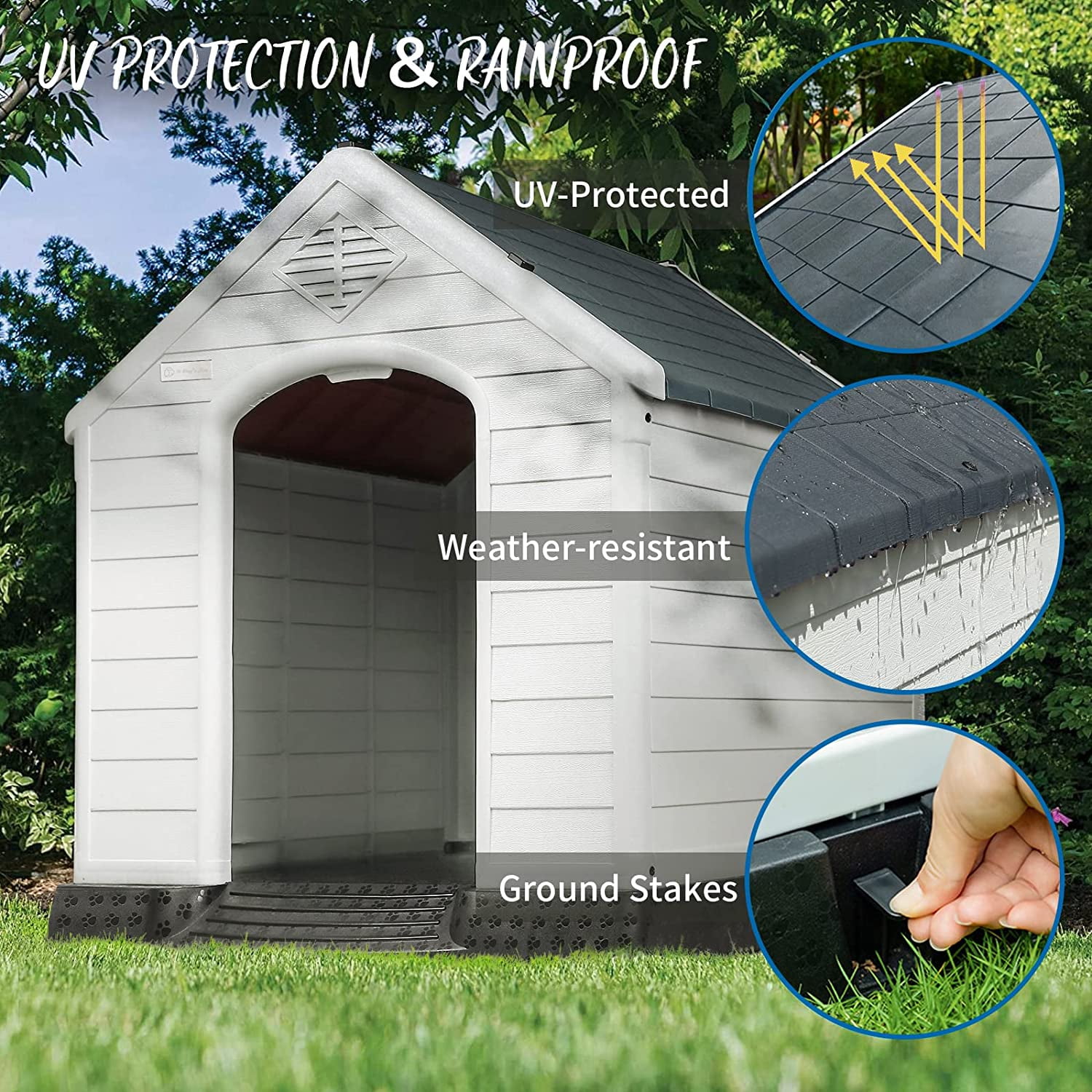 Waleaf Durable Waterproof Plastic Dog House for Small to Large Sized Dogs, Indoor Outdoor Doghouse with Elevated Floor