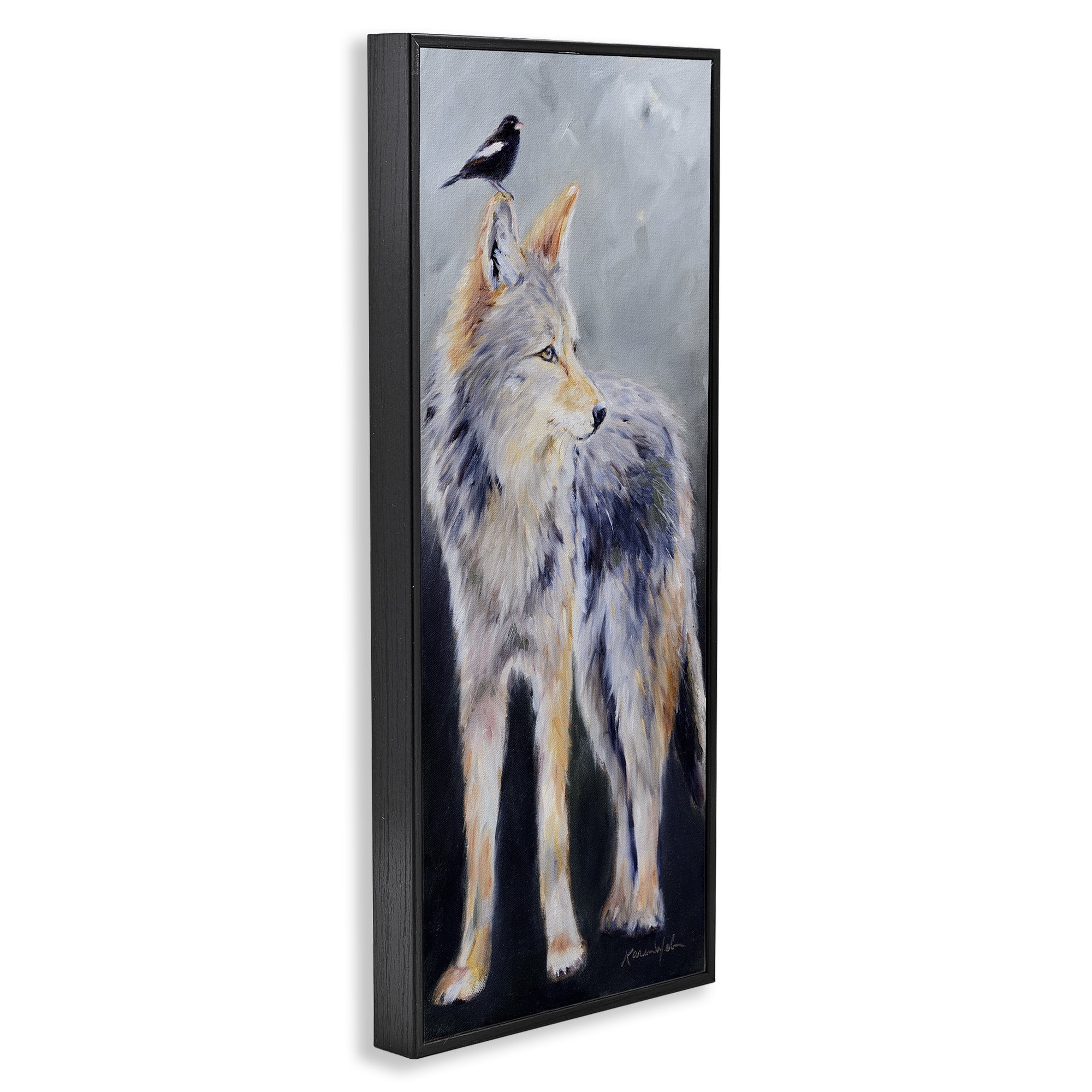 Stupell Industries Wild Coyote & Black Bird Animals & Insects Painting Black Framed Art Print Wall Art, 13 x 30