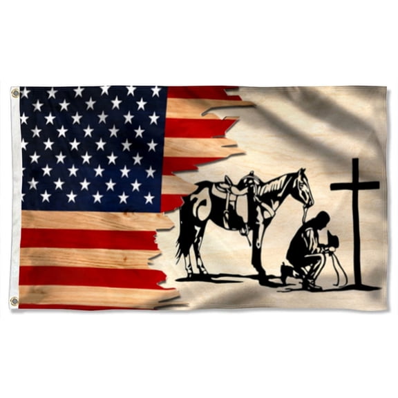 Praying Cowboy with Cross Horse Grommet Flag 3x5Feet Banner with 2 Brass Grommets