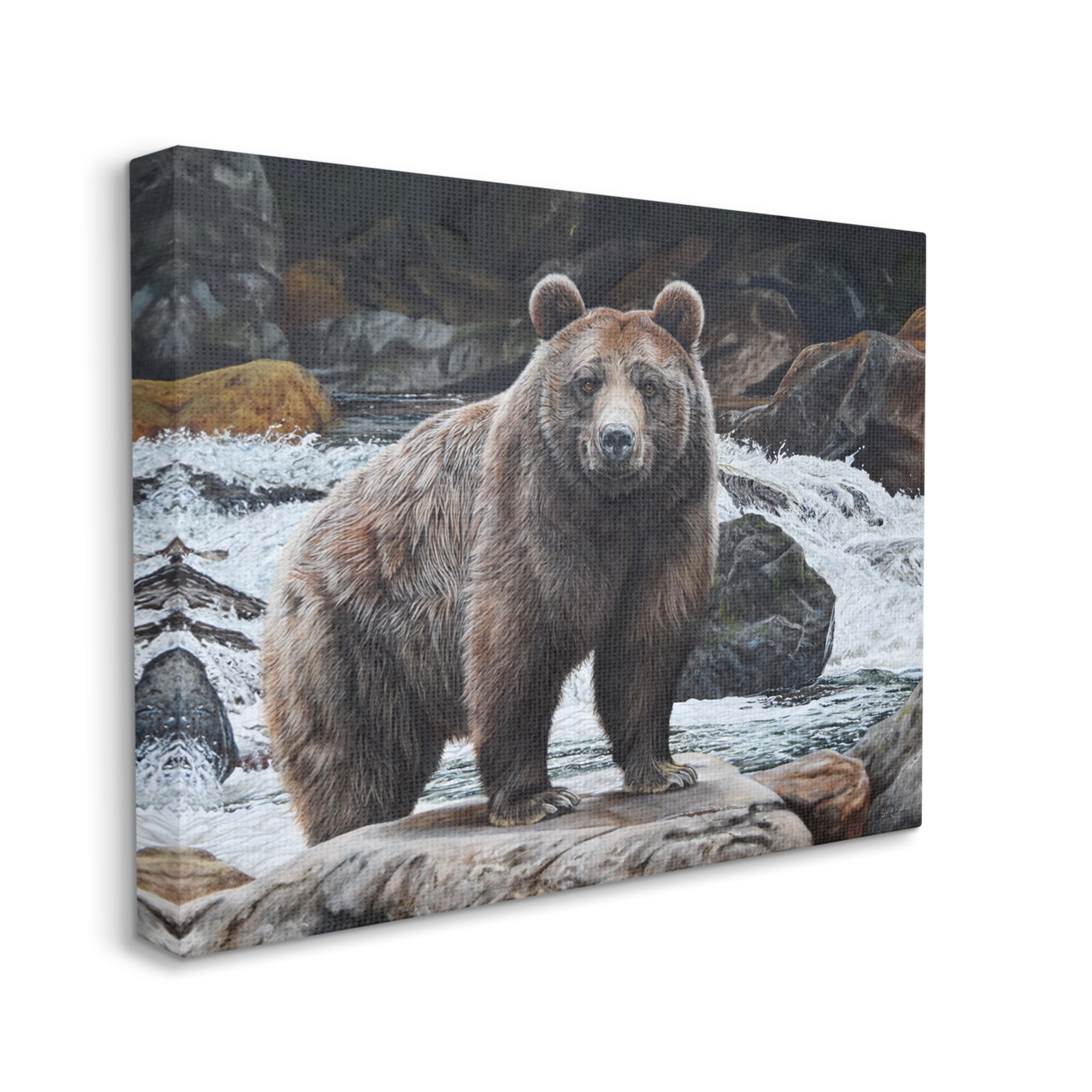 Stupell Industries Grizzly Bear by Waterfall Animals & Insects Painting Gallery Wrapped Canvas Print Wall Art, 30 x 24