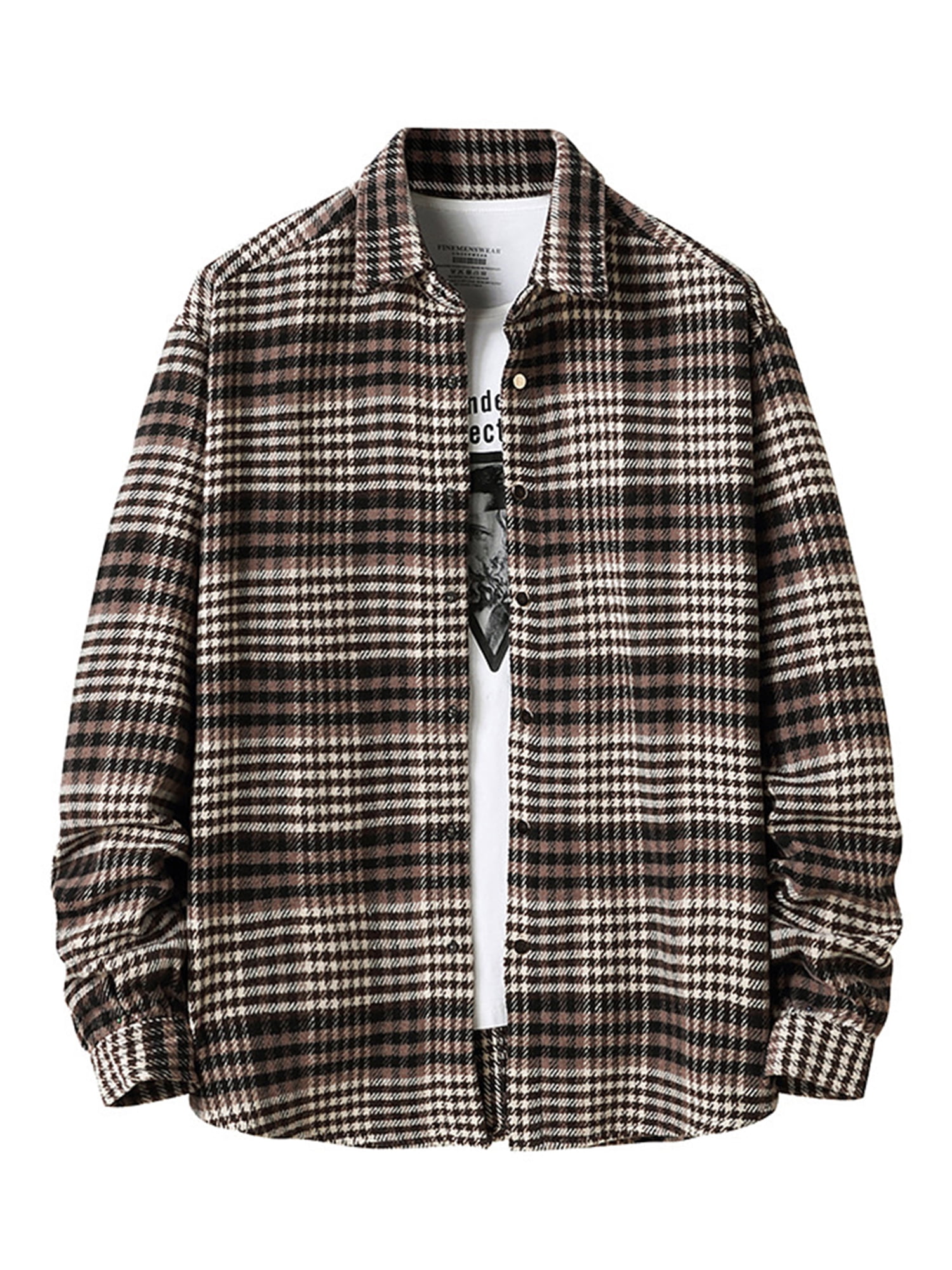 Men’s Casual Plaid Jacket Lapel Button Flannel Long Sleeve Shirt Coat