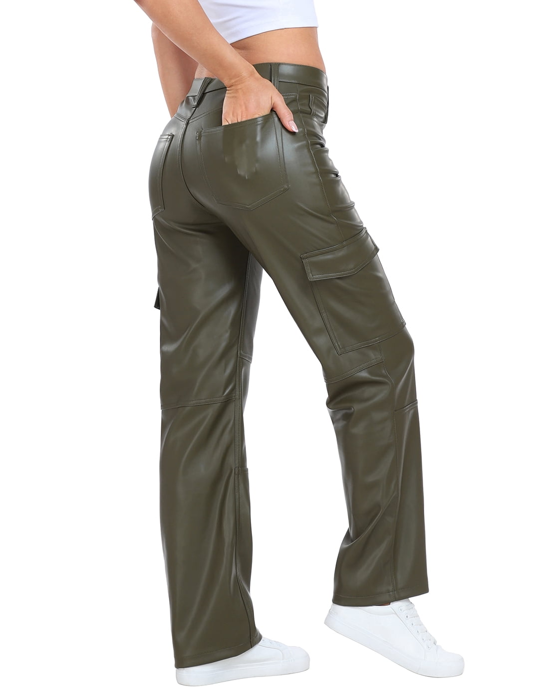 HDE Women's High Waisted Faux Leather Cargo Pants with Pockets Green 30