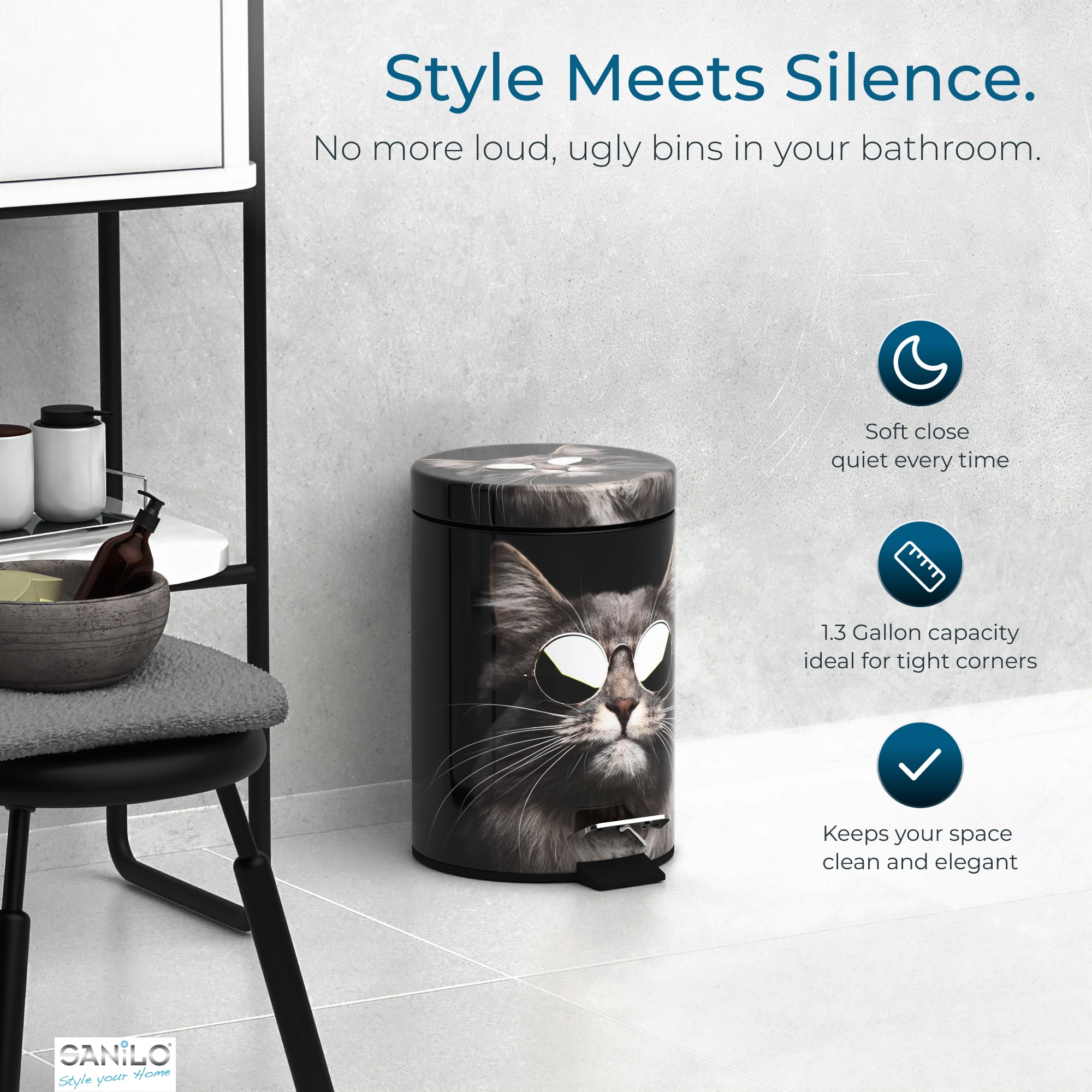 Sanilo Trash Can 1.3 Gallon with Soft Close, Many New Cosmetic and Kitchen Waste Bins Available, Bathroom Bin with Inner Bucket (Cool Cat)