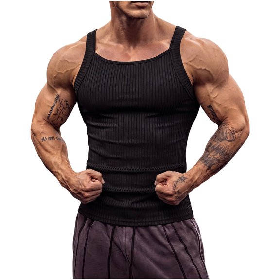 Lopecy-Sta Men Tank Tops Square Neck Vertical Ribbed Slim Fit Stretch Breathable Gym Bodybuilding Muscle Sleeveless Undershirts