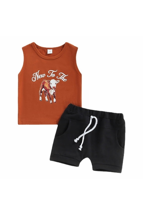 2PC Cow Print Baby Boy Summer Outfit - Sleeveless Tank Top & Athletic Shorts Set with Pockets, Cute Matching Toddler Clothes for Playdates