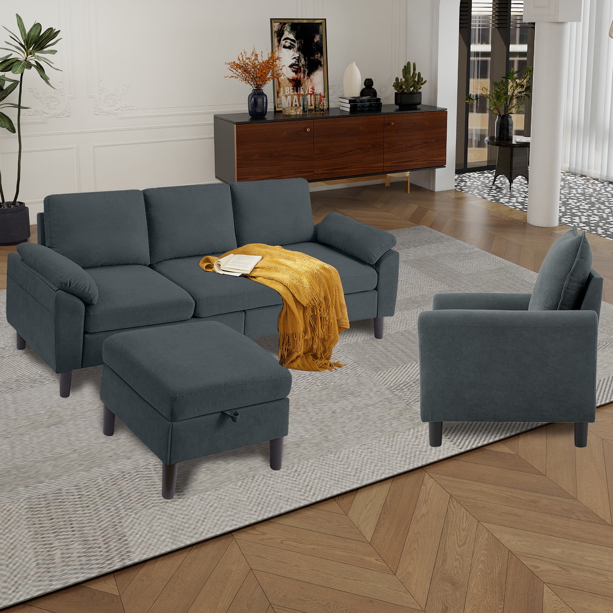 Tornama Modern Linen Convertible L Shaped Sectional Sofa Set, Dark Gray