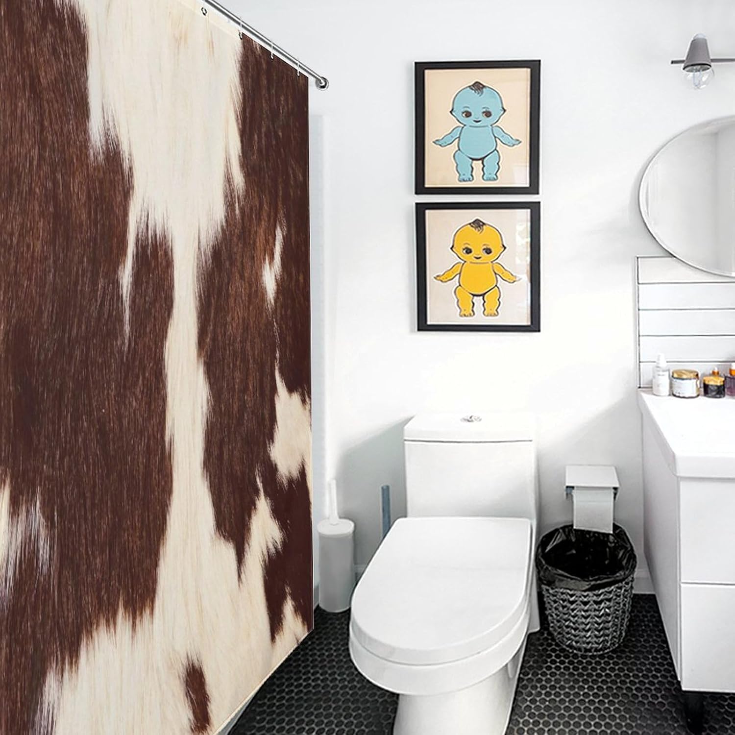 Cowhide Print Shower Curtain Brown Cow Printed Western Farmhouse Rustic Pattern Print Shower Curtains Sets Polyester Waterproof Fabric Decor Bathroom Curtain with Hooks-72"W x 86"L (Pack of 1)