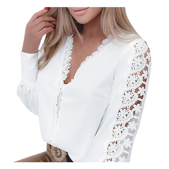 yoeyez Summer Tops for Women 2025 Dressy Work Top For Women Lace Eyelet Long Sleeve Shirts V Neck Office Tunic Tees Professional White Jacquard Blouses