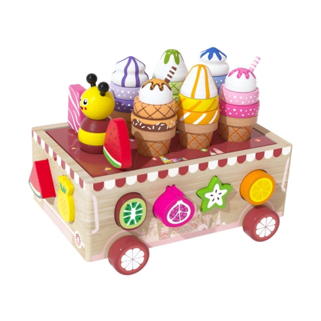 Carrito de helado de madera para niños, juego de comida, juguete de aprendizaje temprano, dulces, golosinas para niños, bebés, niñas de 2 años o más