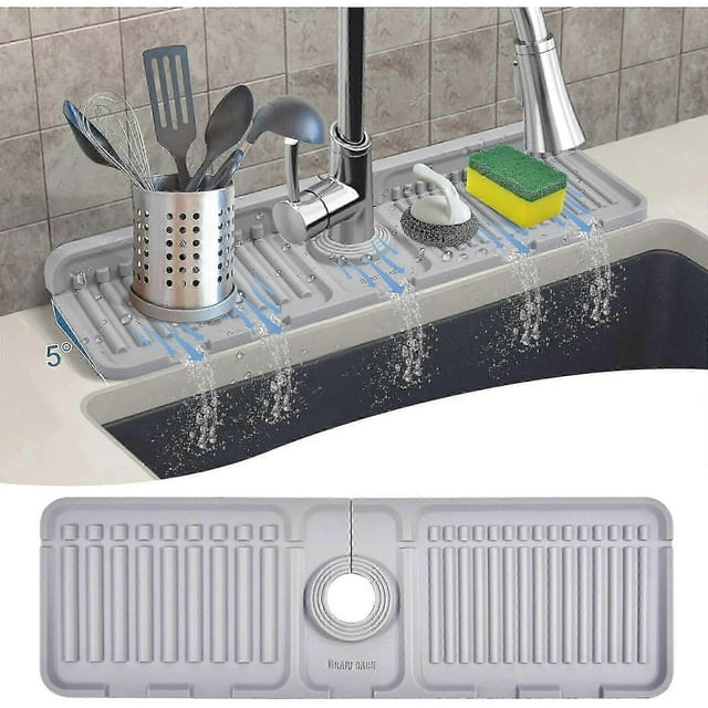 Gray, 44.5 * 14cm faucet sink splash guard, silicone faucet mat faucet sink mat, longer silicone faucet sink splash guard for kitchen and bathroom use