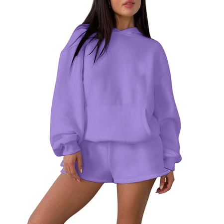 Ltctricy Women s 2 Piece Outfits Long Sleeve Pullover Hooded Sweatshirts and Sweat Shorts Soft Casual Sweatsuits with Pockets(Purple X-Large)