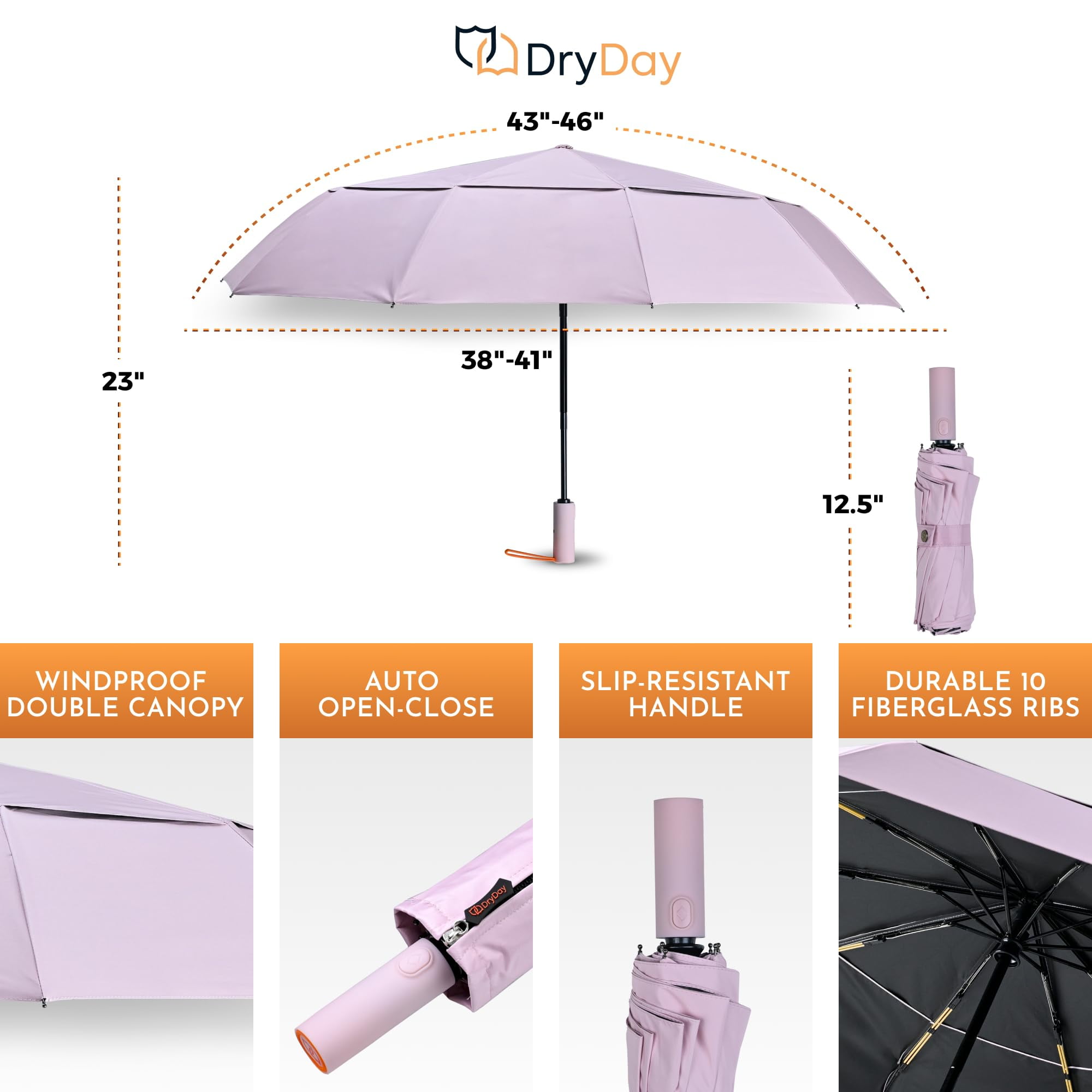 DryDay 43" Travel Umbrellas for Rain - Large Windproof Double Canopy Umbrella, 10 Durable Ribs, Strong Frame, Auto Open Close Ergonomic Handle, Compact Waterproof Umbrella for Women & Men, Pale Pink