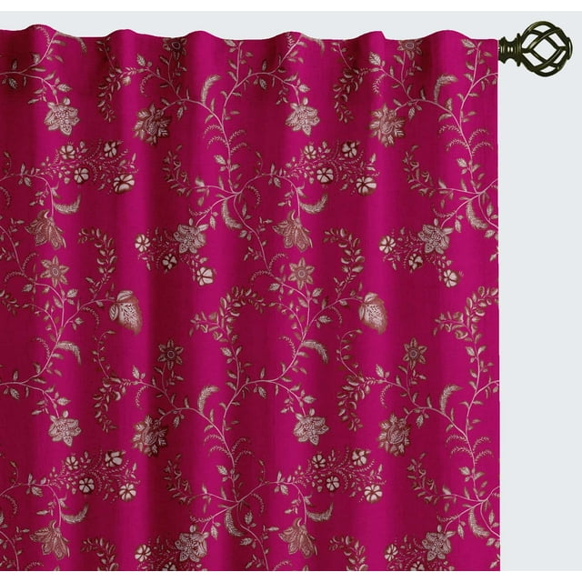 Vargottam Extra Long Cotton Curtains - 108" Length Drapes for High Ceilings or French Doors - 52"x108", Light Filtering Rod Pocket/Back Tab Drapes, Set of 2 Panels - Motif Vine Design (Pink)