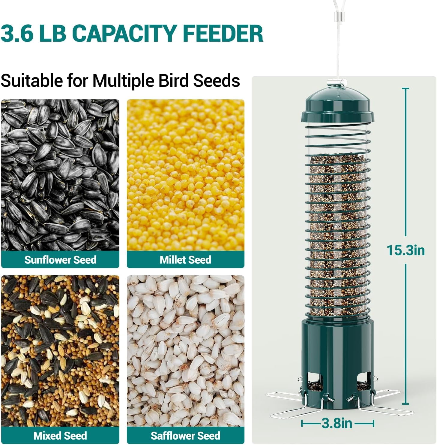 Squirrel Proof Bird Feeder, Metal Bird Feeders for Outdoors Hanging, 3.6LB Large Seeds Capacity for Wild Birds, Finch, Cardinal, Blue Jay, Chickadee, Green