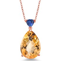 Gem Stone King 11.34 Ct Pear Shape Checkerboard Yellow Citrine Blue Created Sapphire 18K Rose Gold Plated Silver Pendant with Chain