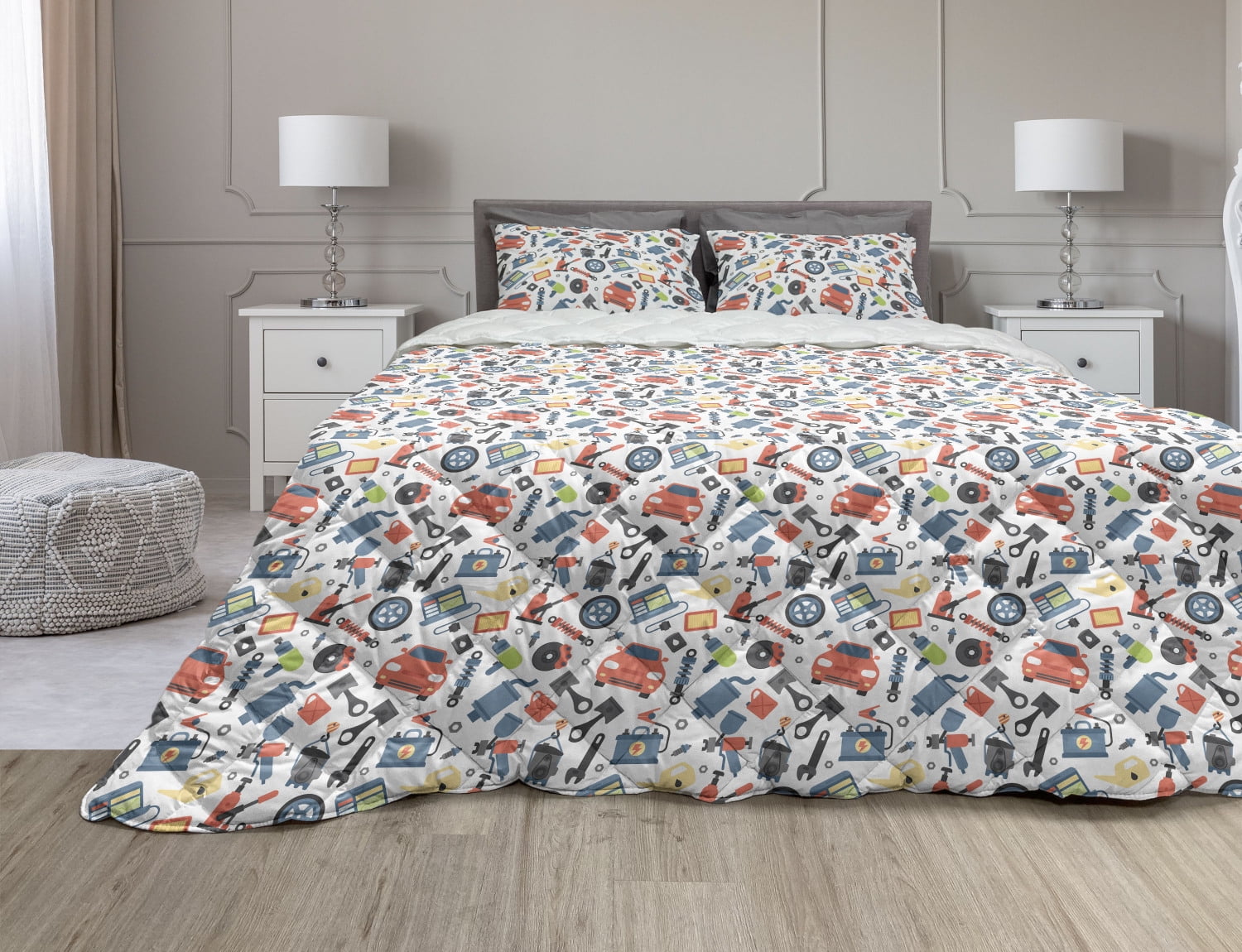 Auto Mechanic Comforter & Sham Bedding Set, Cartoonish Style Drawings