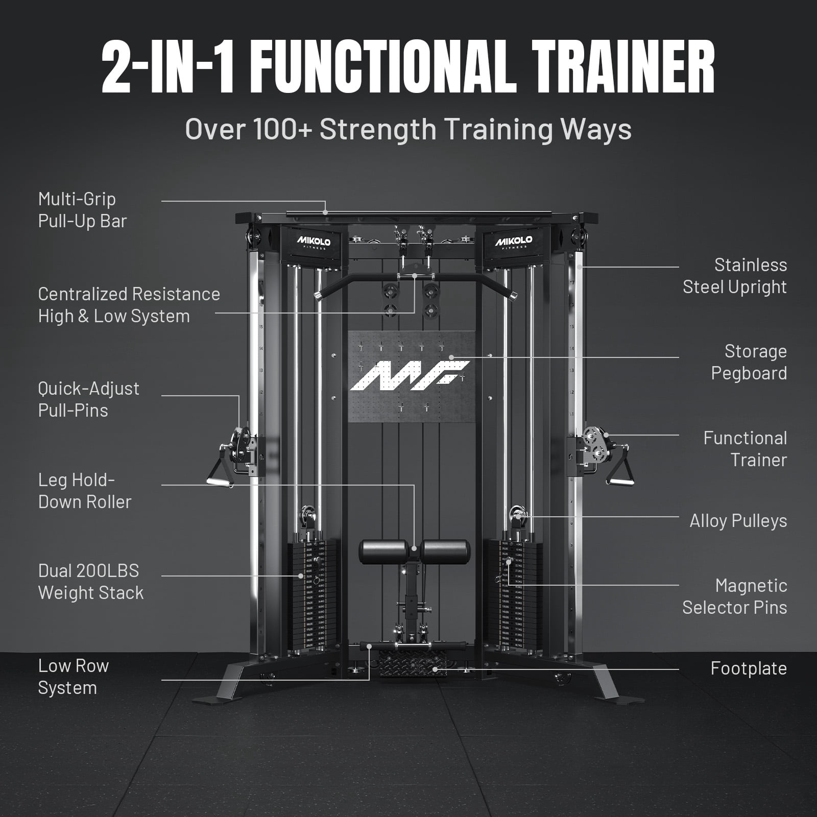 Mikolo Cable Crossover Machine Falcon with 400lbs Weight Stack, Functional Trainer with Independent Double Pulley System, 2000lbs Multi-Functional Chest Fly Machine, Lat Pulldown Machine