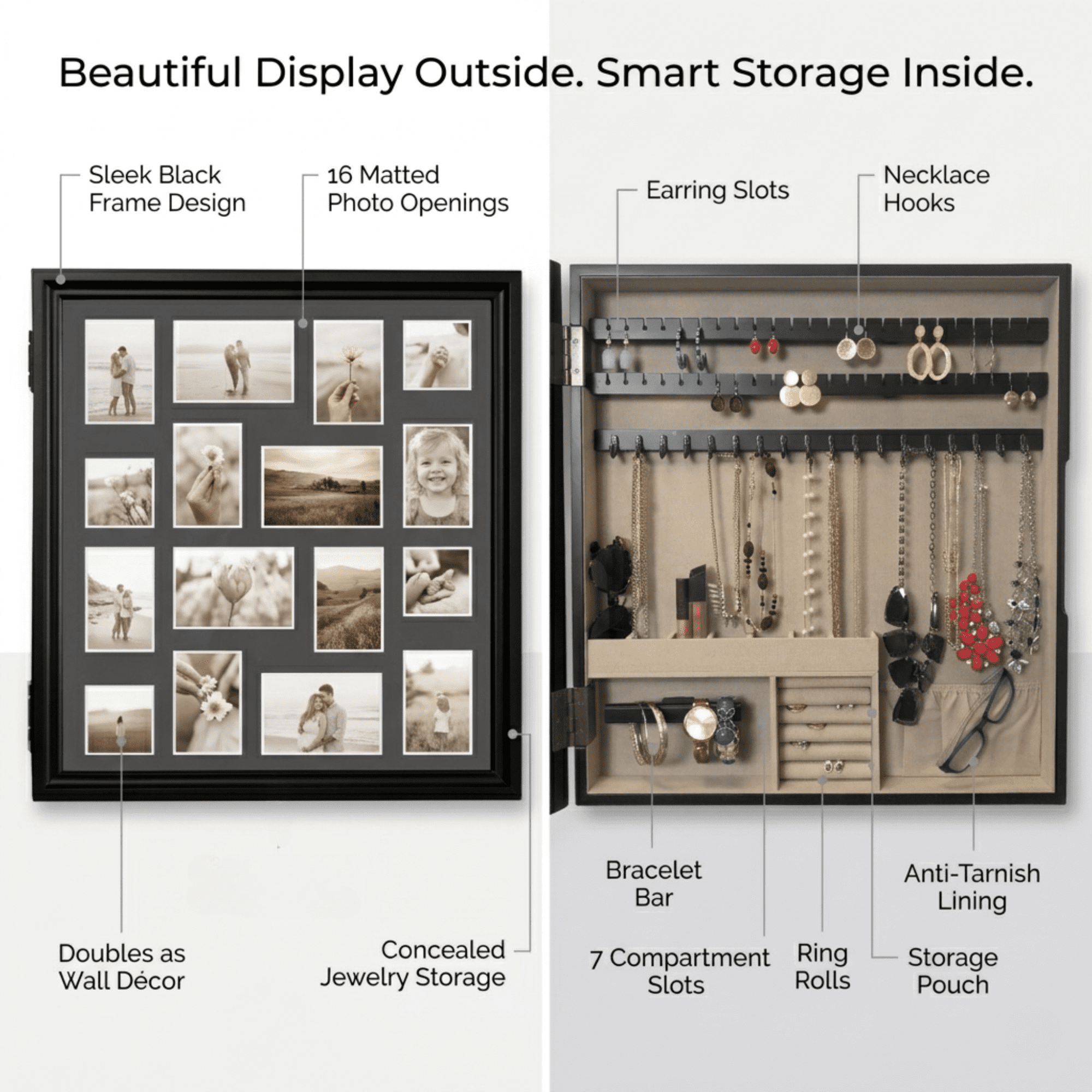 Hives and Honey Collage Photo Frame with Jewelry Storage and Organization for Women - Black Finish