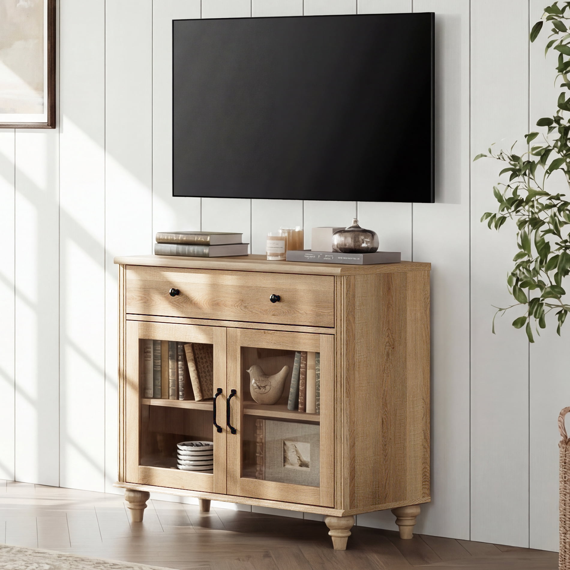 Farmhouse TV Stand For 43 Inch TV With Glass Doors And Drawer, Wood Universal TV Stand With Storage Cabinets, Entertainment Center TV Console Table For Living Room, Bedroom, Oak