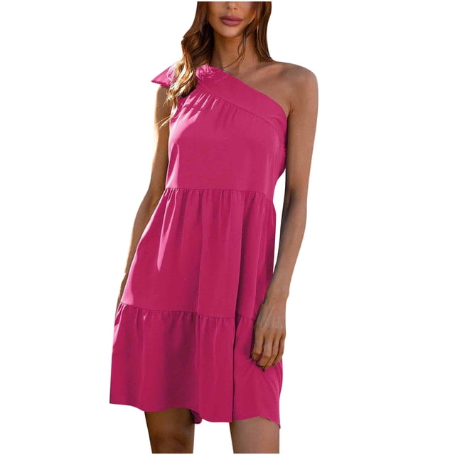Robes d'Été pour Femmes, Col Asymétrique, Sans Manches, Hauteur Genou, Couleur Unie, Mini Robes d'Été Décontractées pour Femmes