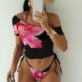 thumbnail image 3 of Tqyyweavej 3 Piece Triangle Bikini Sets for Women Halter Pleated Elastic Swim Tops and Side Tie Print Solid Color Bathing Bottoms with Sheer Cover Ups, 3 of 8