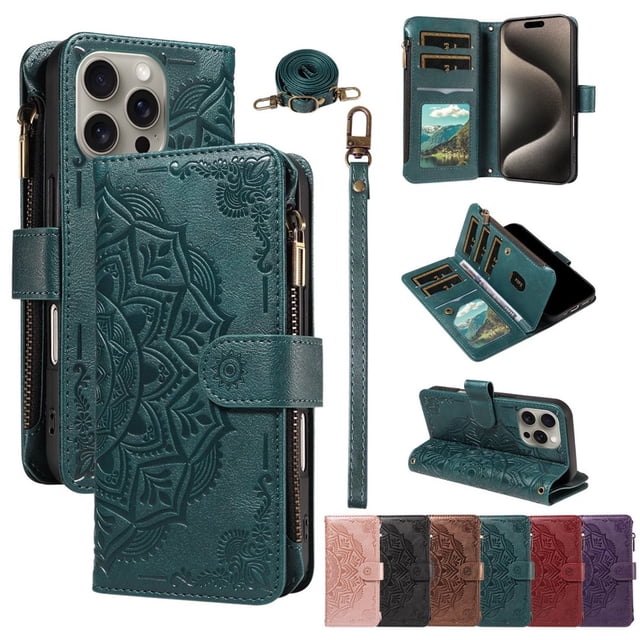 For iPhone 15 Pro Max Wallet Case, 9 Card Slots RFID Blocking Crossbody Leather Cover, Zipper Pocket, Detachable Wrist & Shoulder Strap, Magnetic Shockproof Protective Phone Case for Women,Green