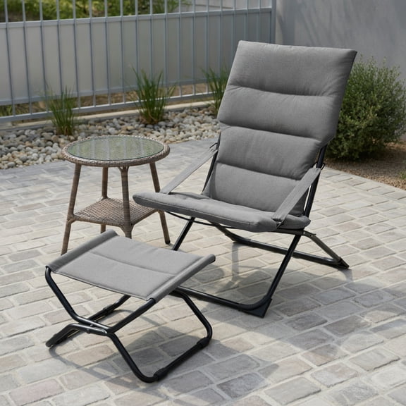 GVN Reclining Chair,Outdoor Chaise Lounge,Patio Folding Sling Chair with Ottoman Footrest and Removable Cushion-Gray