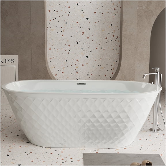 JERFIT 59 inch Freestanding Acrylic Bathtub, Gloss White Oval Soaking Tub with Diamond Pattern Design, Non-Slip Feet, Pop-Up Drain