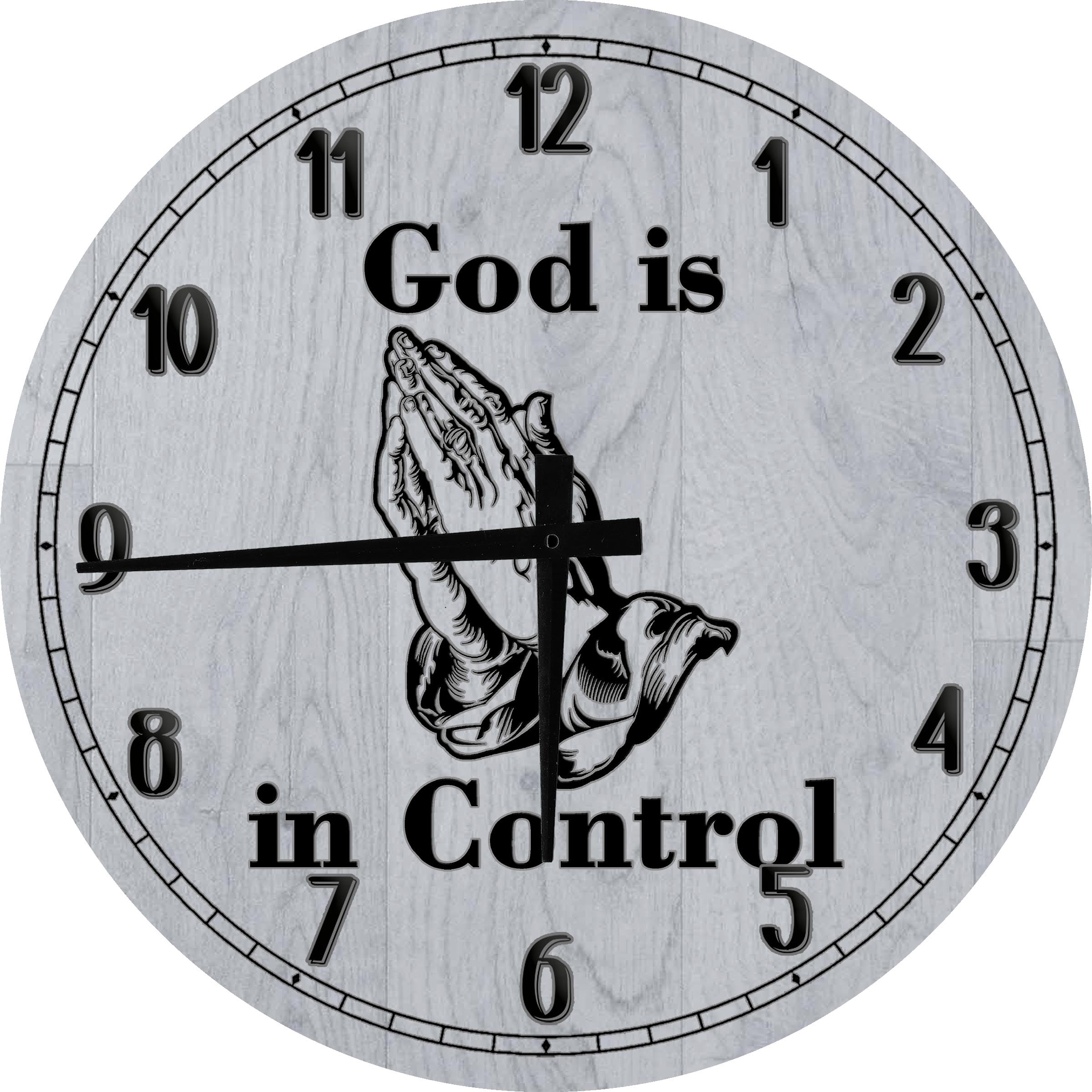 Wood Wall Clock 12 Inch Religious Wall Art God is in Control Praying Hands of God Round Small