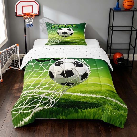 Manfei Soccer Sport Twin Comforter Sets, Goal Print Football Field Bedding Set, Green White, Reversible 2 Pieces 1 Comforter and 1 Pillowcase