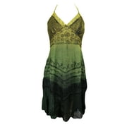 Mogul Womens Halter Dress Green Tie-Dye Floral Embroidered Hippie Gypsy Dresses M